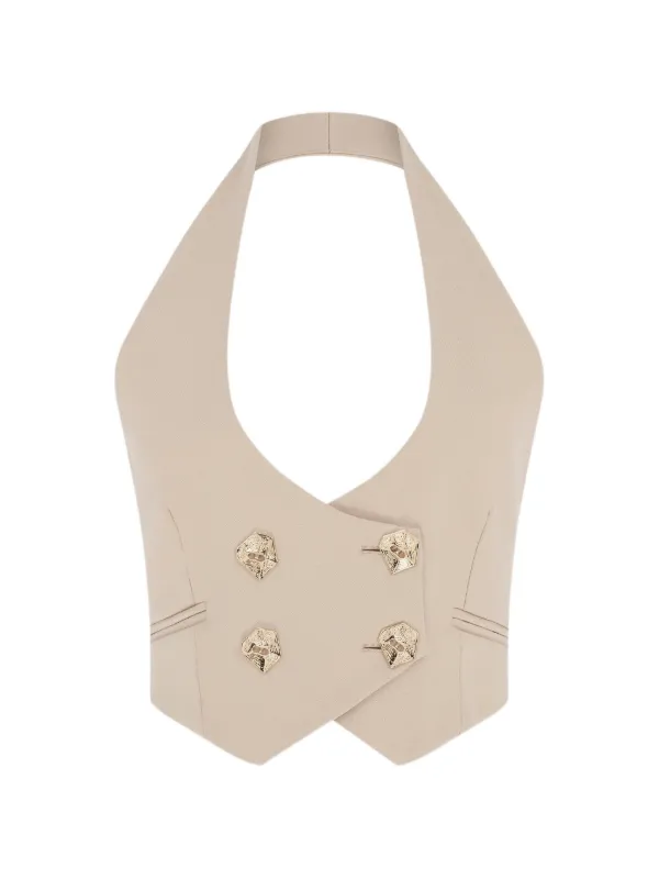 Violante Nessi The Deledda Halterneck Gold-buttons Crop Top in Neutrals