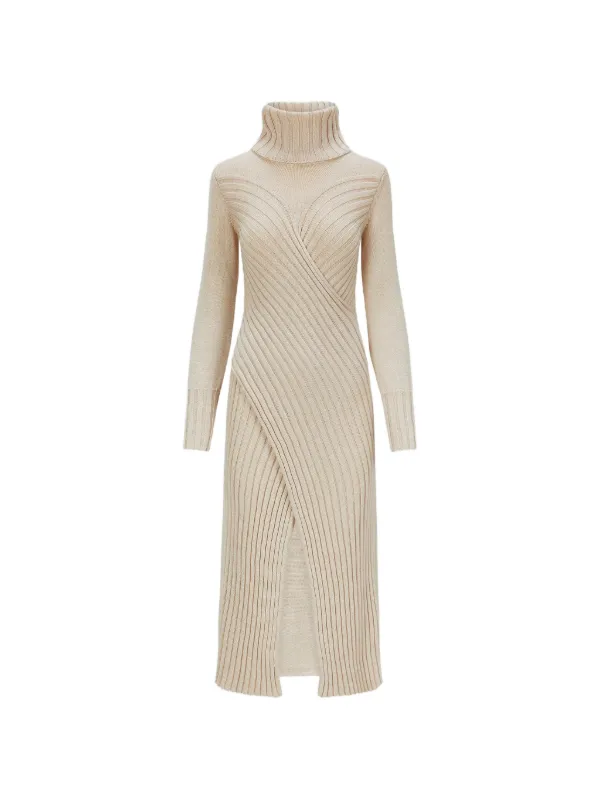 Violante Nessi Cecile Turtleneck Front-slit Midi Dress in Neutrals