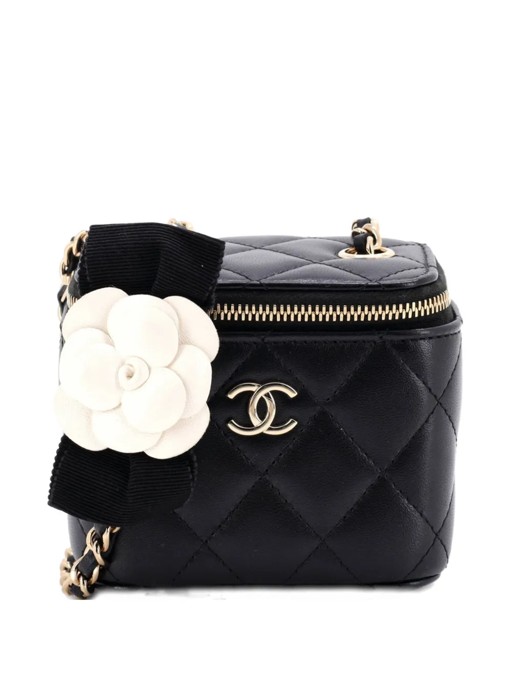 CHANEL Pre-Owned Camellia Bow Vanity Case with Chain Quilted Lambskin Mini crossbody bag - Nero