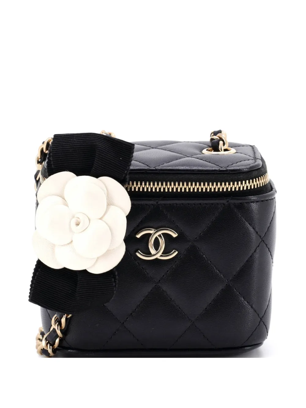 CHANEL Pre-Owned Camellia Bow Vanity Case with Chain Quilted Lambskin Mini crossbody bag - Nero