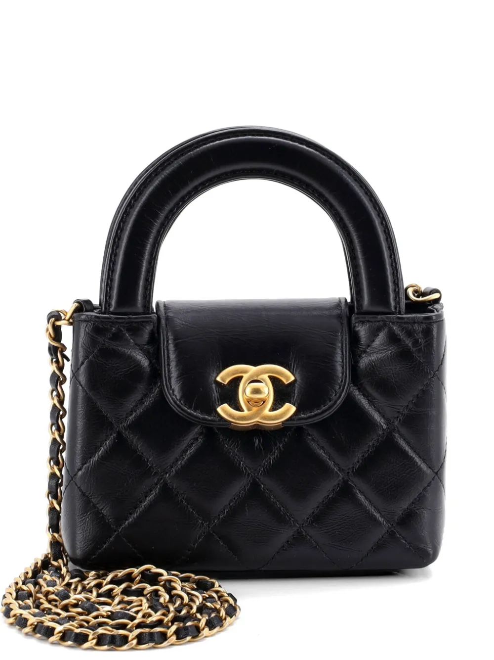 CHANEL Pre-Owned Borsa a tracolla Kelly nano in pelle di vitello trapuntata lucida con manico - Nero