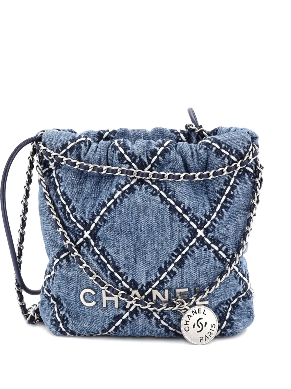 CHANEL Pre-Owned Borsa passepartout 22 mini in denim trapuntato con catena - Blu