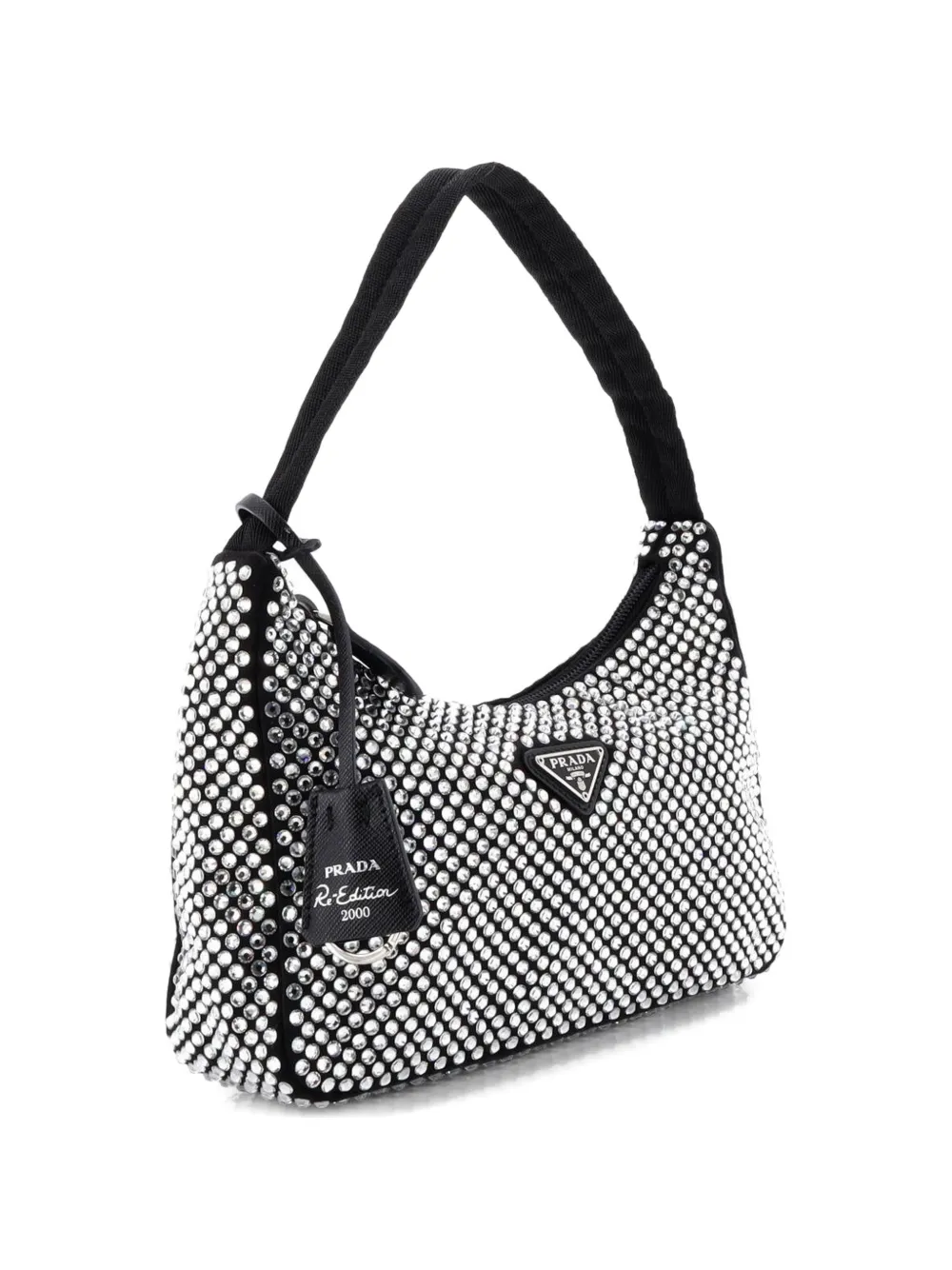 Prada Pre-owned Re-edition 2000 Crystal Embellished Satin Mini Hobo Bag in Black, view 3