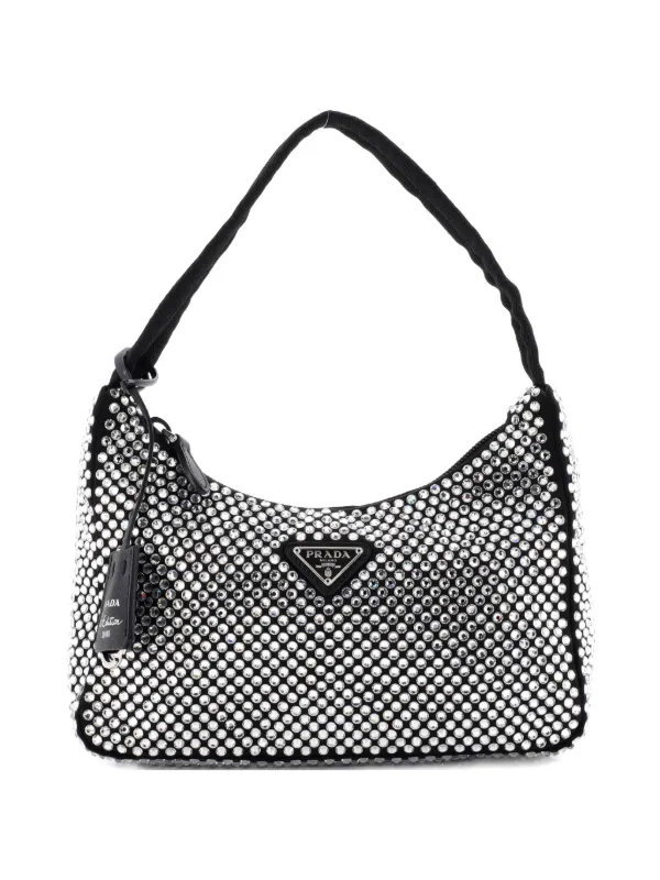 Prada Pre-owned Re-edition 2000 Crystal Embellished Satin Mini Hobo Bag in Black