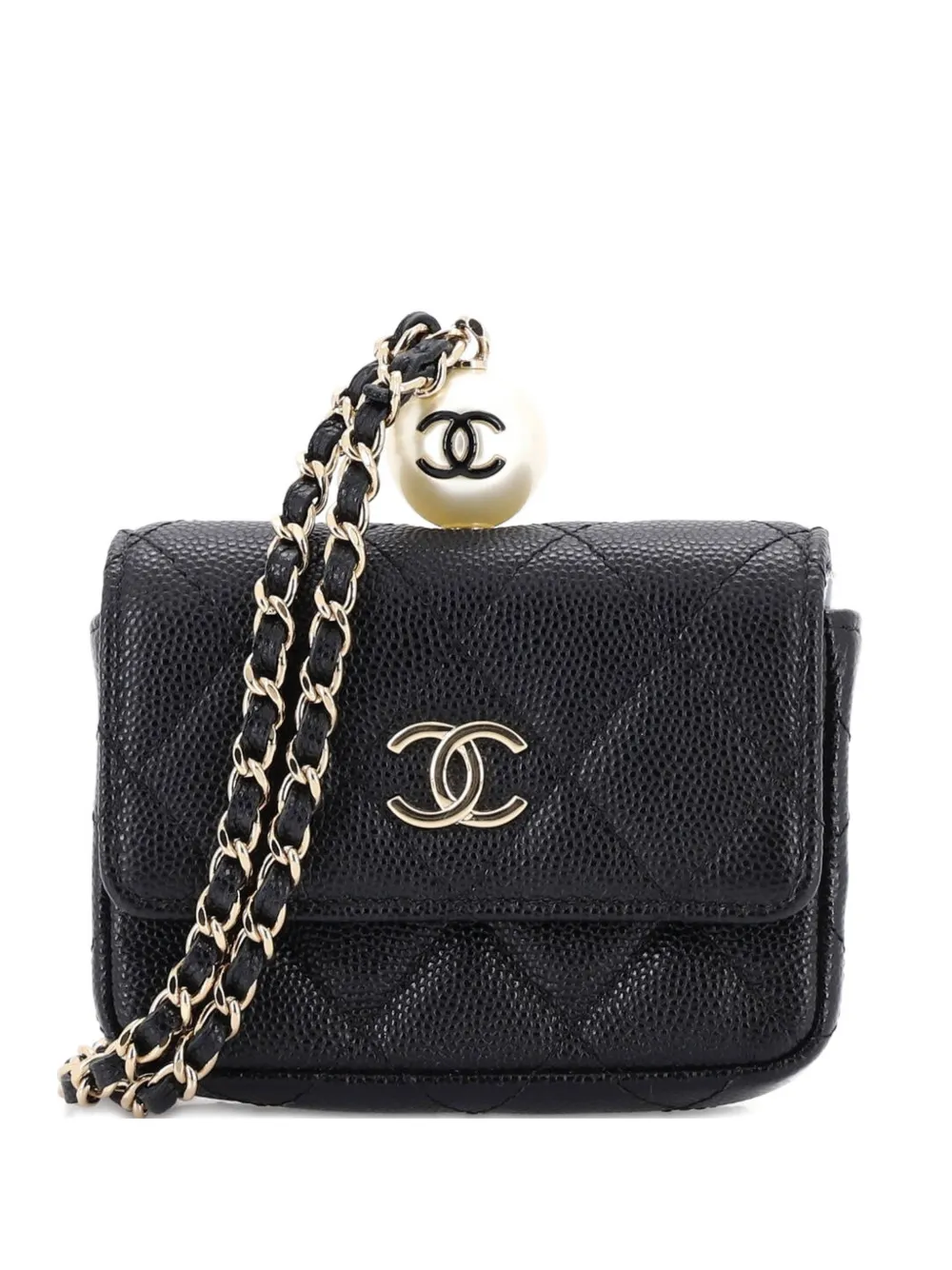 Pre-owned Chanel Cc Pearl Coin Card Holder With Chain Quilted Caviar Clutch Bag In Black