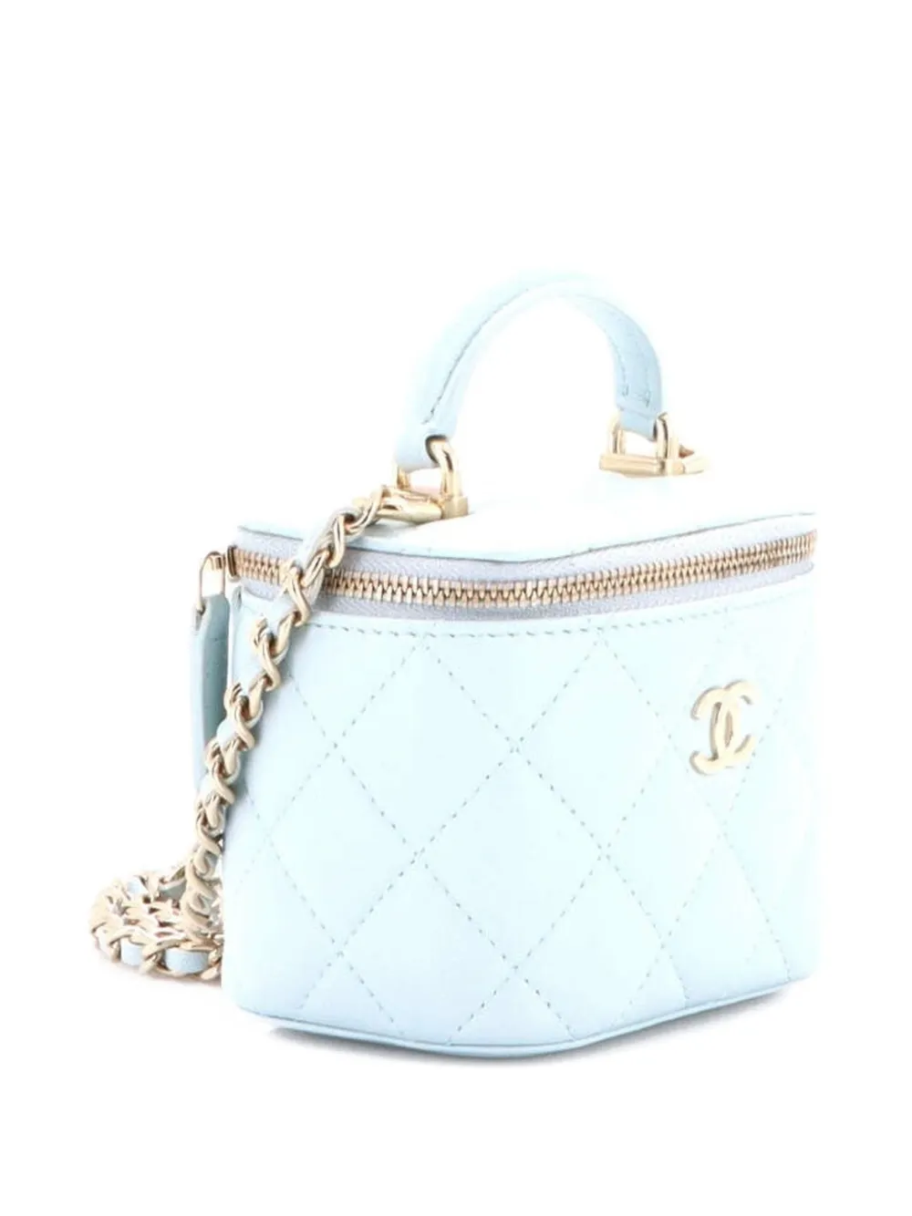 Chanel Pre-owned Classic Top Handle Vanity Case With Chain Quilted Lambskin Mini Crossbody Bag - Blue 