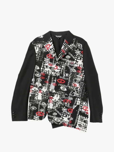 Black Comme Des Garçons asymmetrisk blazer med grafiskt tryck