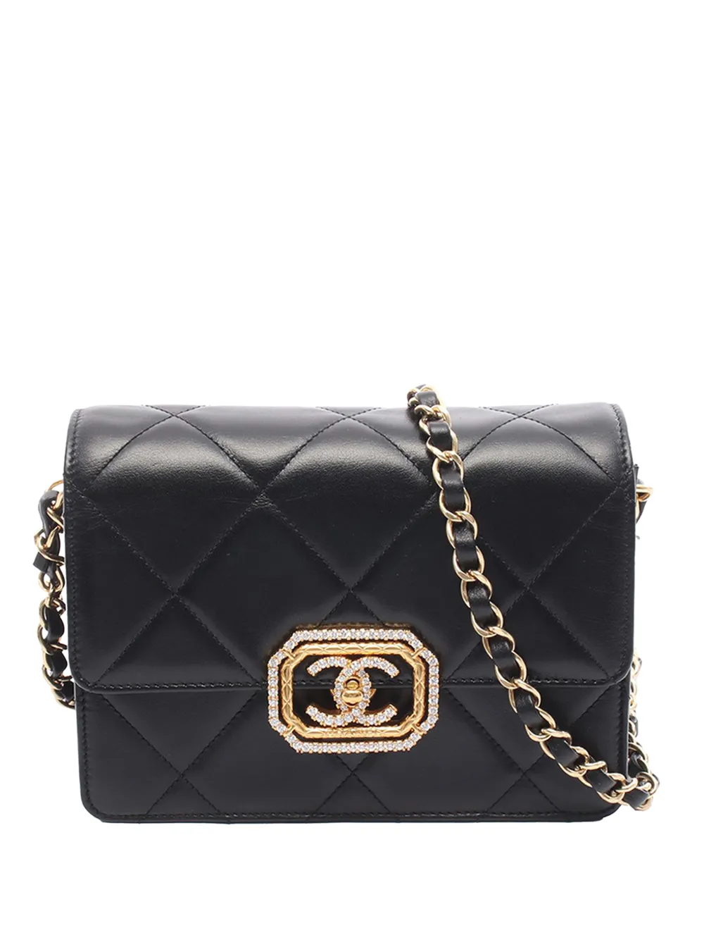 CHANEL Pre-Owned Borsa a tracolla mini in pelle di vitello trapuntata con battente e strass 2021-2026 - Nero