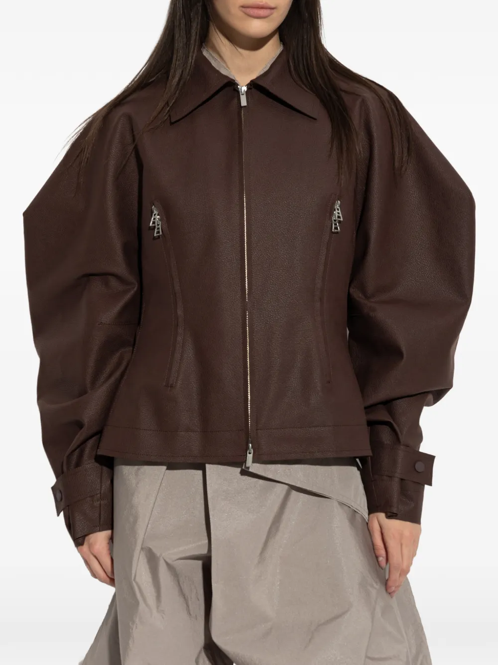  Issey Miyake Zip Voluminous-sleeves Jacket - Brown 