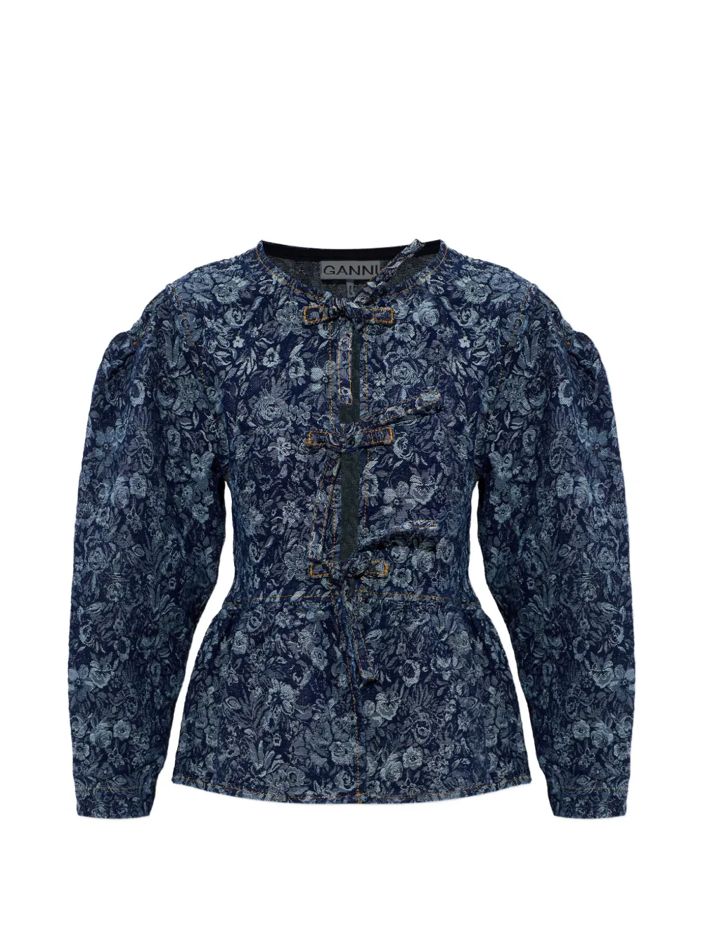 Ganni Floral-pattern Denim Blouse In Blue