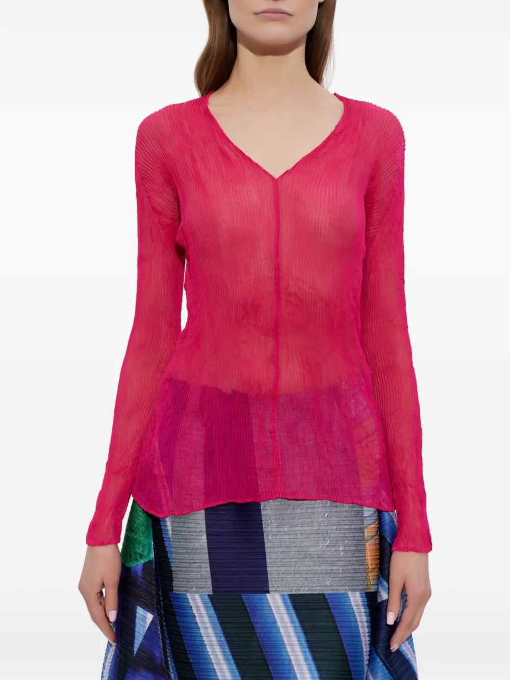  Issey Miyake Pleated V-neck Top - Pink 
