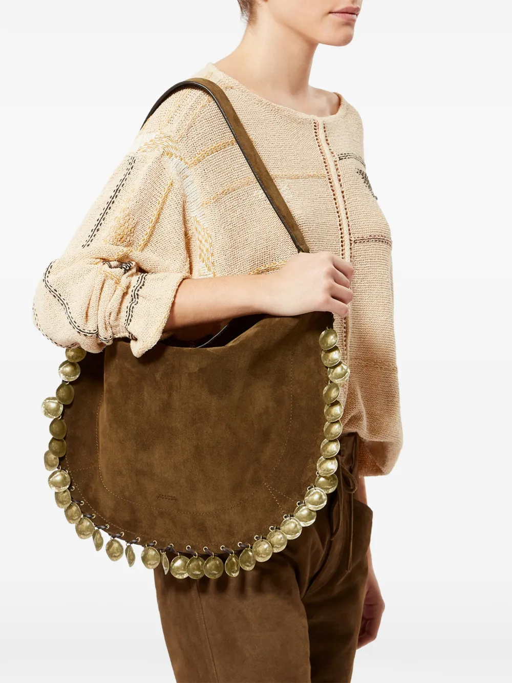 ISABEL MARANT Oskan Hobo gevlochten schoudertas verfraaid met medaillon Bruin