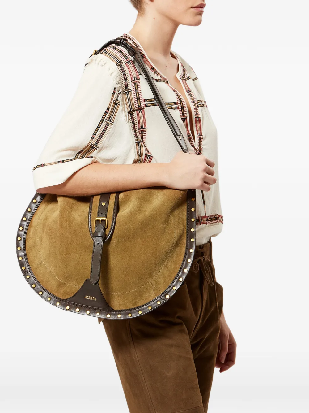 ISABEL MARANT Oskan Hobo schoudertas met studs en franje Bruin