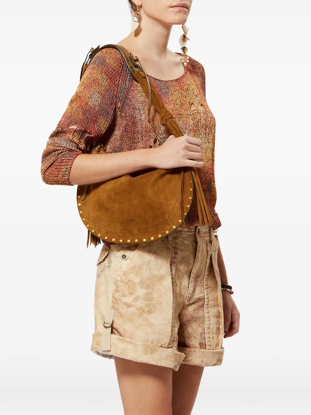 ISABEL MARANT Oskan schoudertas met studs en franjes Bruin