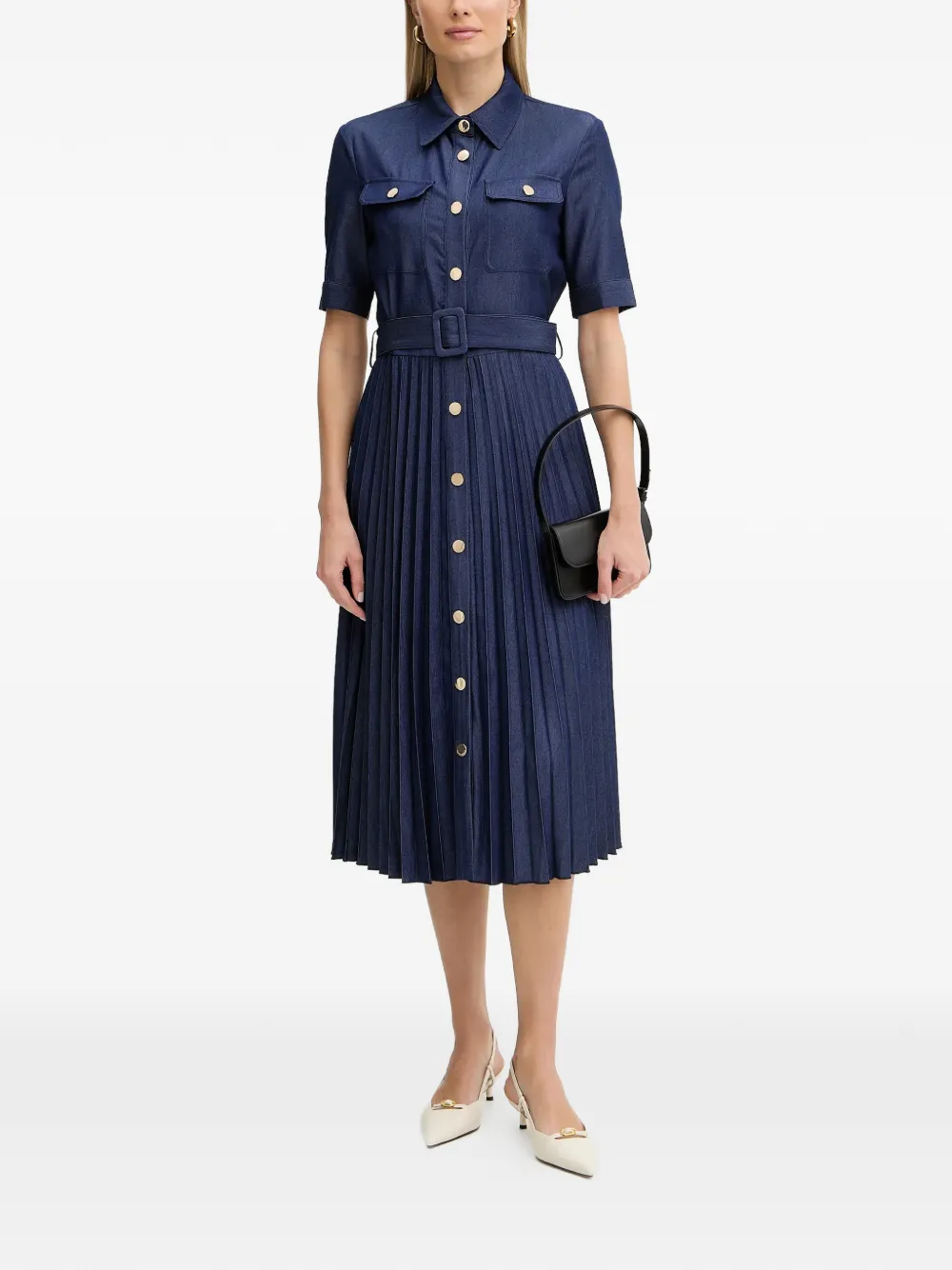  Fracomina Pleated Belted Midi Dress - Blue 