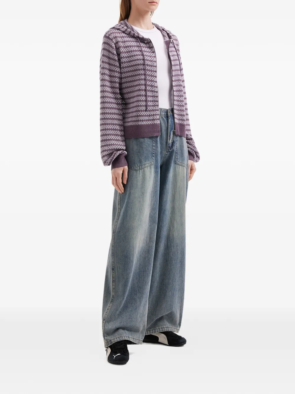  Mini Cream Striped Hooded Cardigan - Purple 