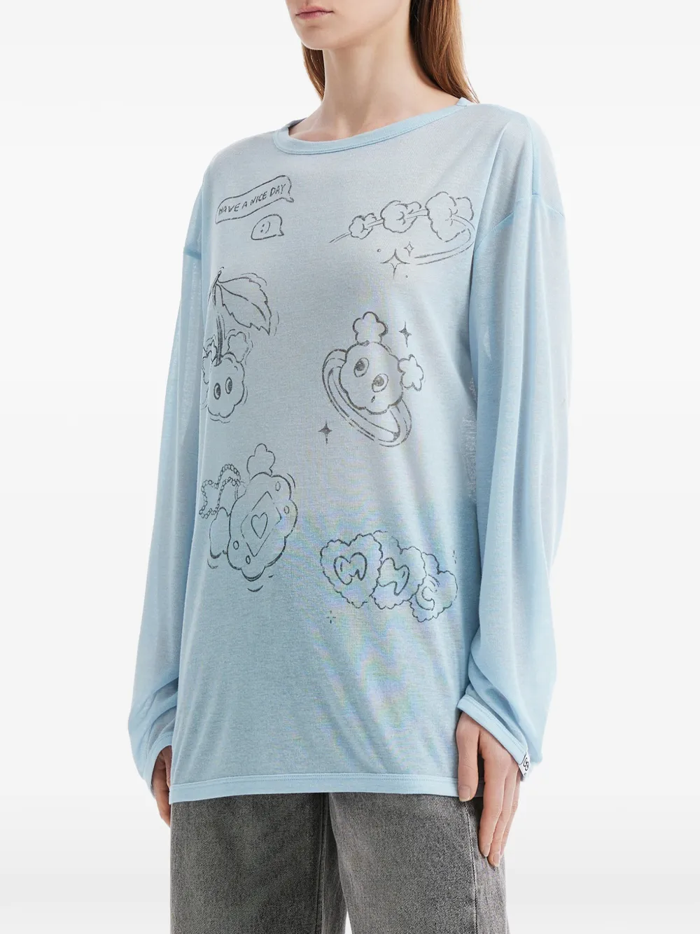  Mini Cream Graphic-print Long-sleeve T-shirt - Blue 