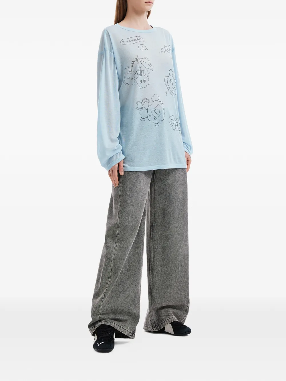  Mini Cream Graphic-print Long-sleeve T-shirt - Blue 