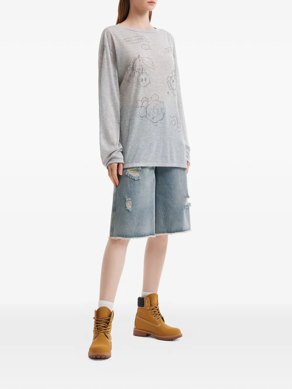 Mini Cream Graphic-print Long-sleeved T-shirt - Grey 