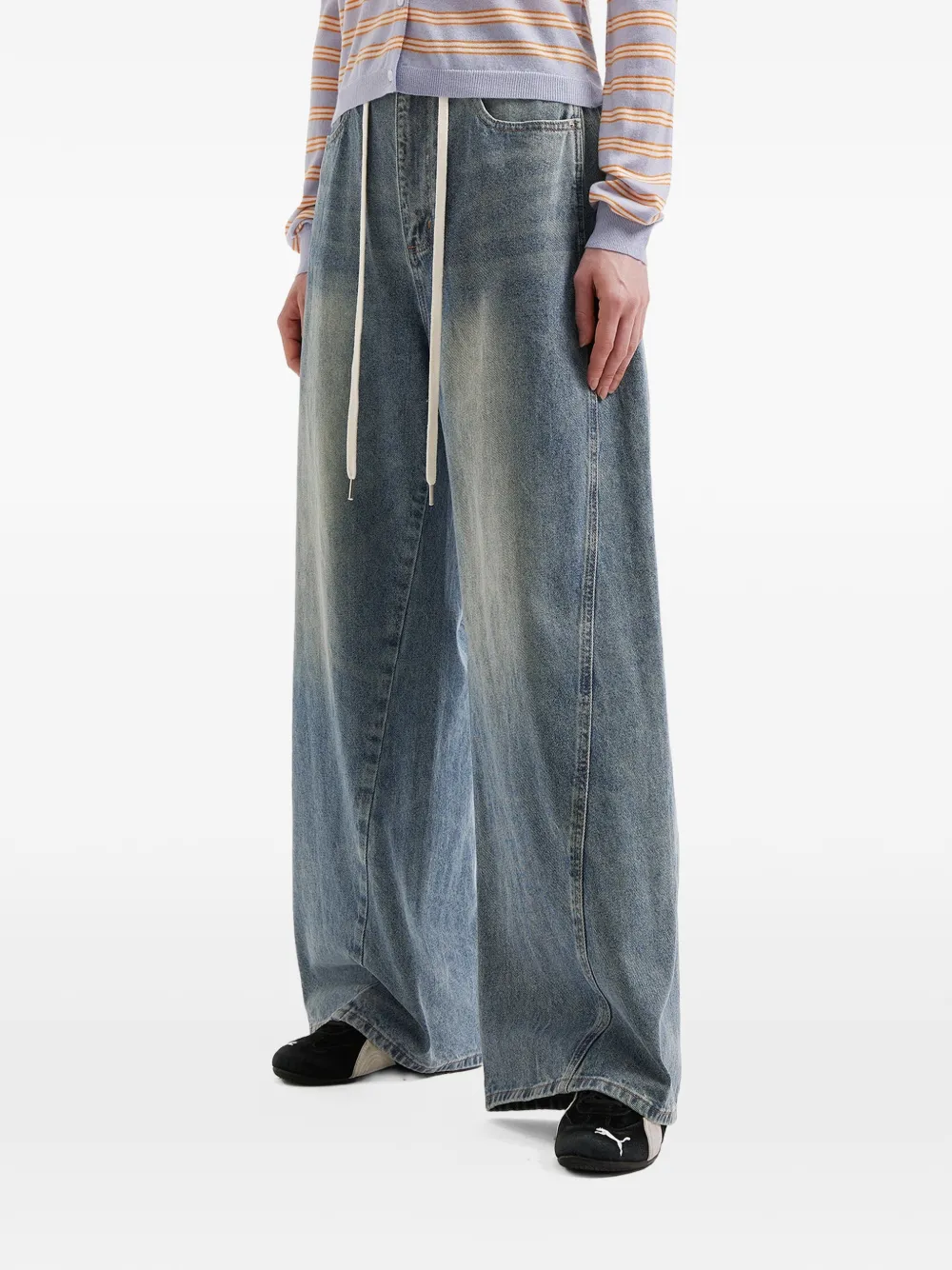  Mini Cream Drawstring Wide-leg Jeans - Blue 
