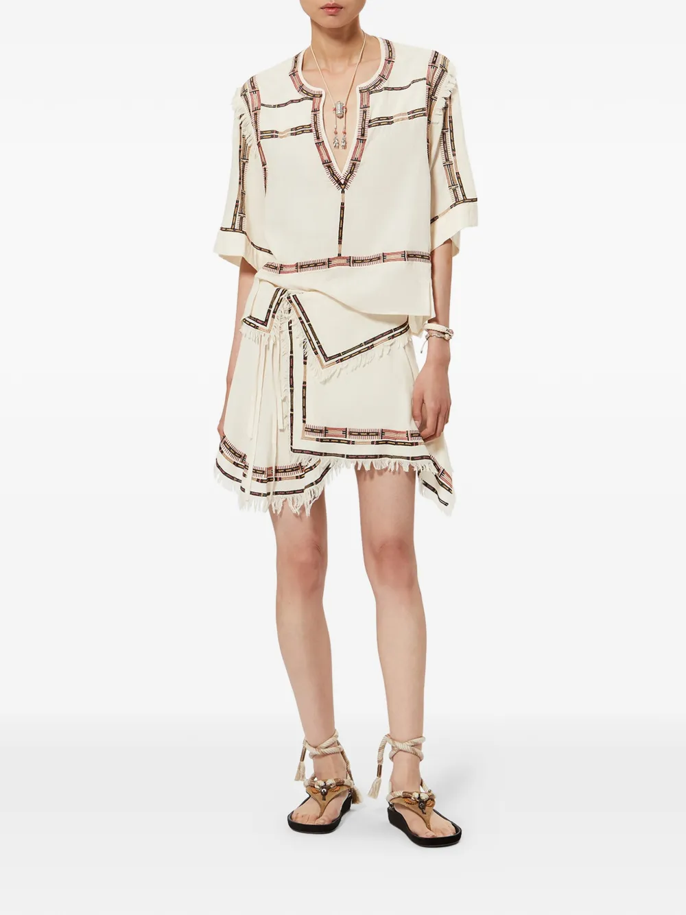 ISABEL MARANT Feriel mini-rok met borduurwerk en franje Beige