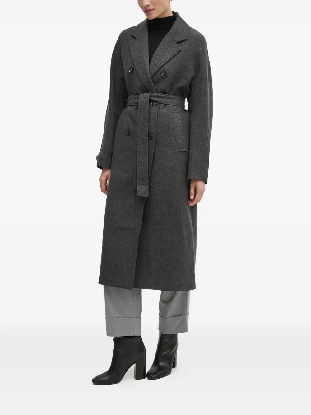 Oui Belted Double-breasted Coat - Grey 