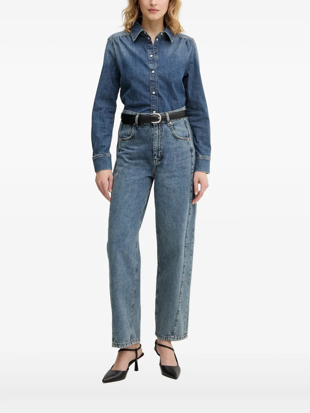  Oui Bow-detail Denim Shirt - Blue 