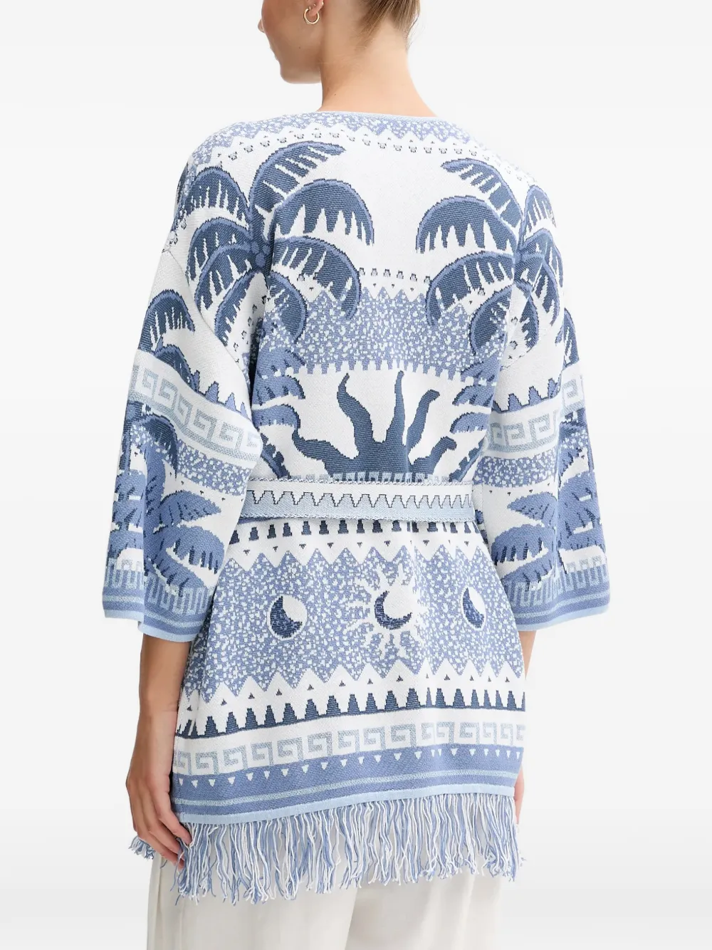  Oui Fringed Palm-print Cardigan - White 