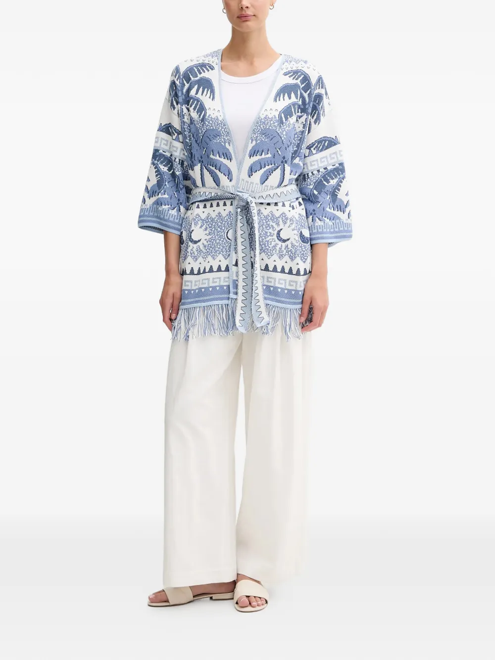  Oui Fringed Palm-print Cardigan - White 