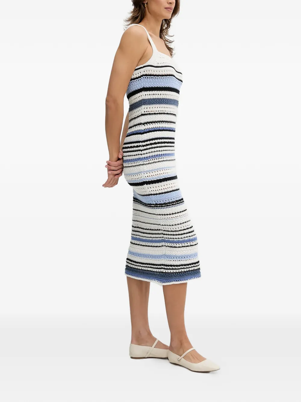  Oui Vestido Midi A Rayas - Blanco 