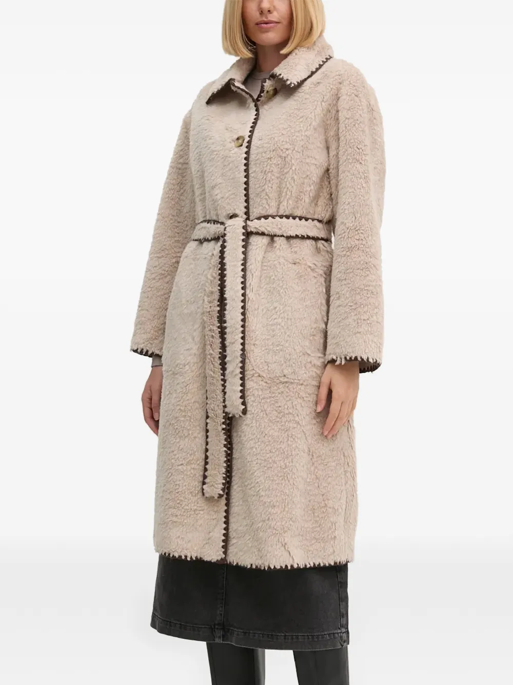  Oui Scalloped Trim Belted Coat - Neutrals 