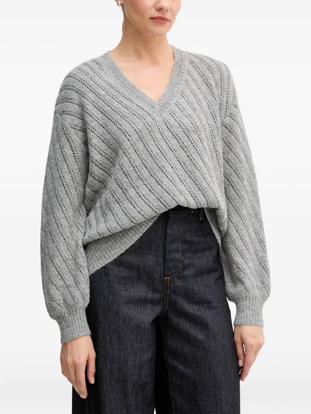 Marc Aurel V-neck open-knit sweater - Grigio