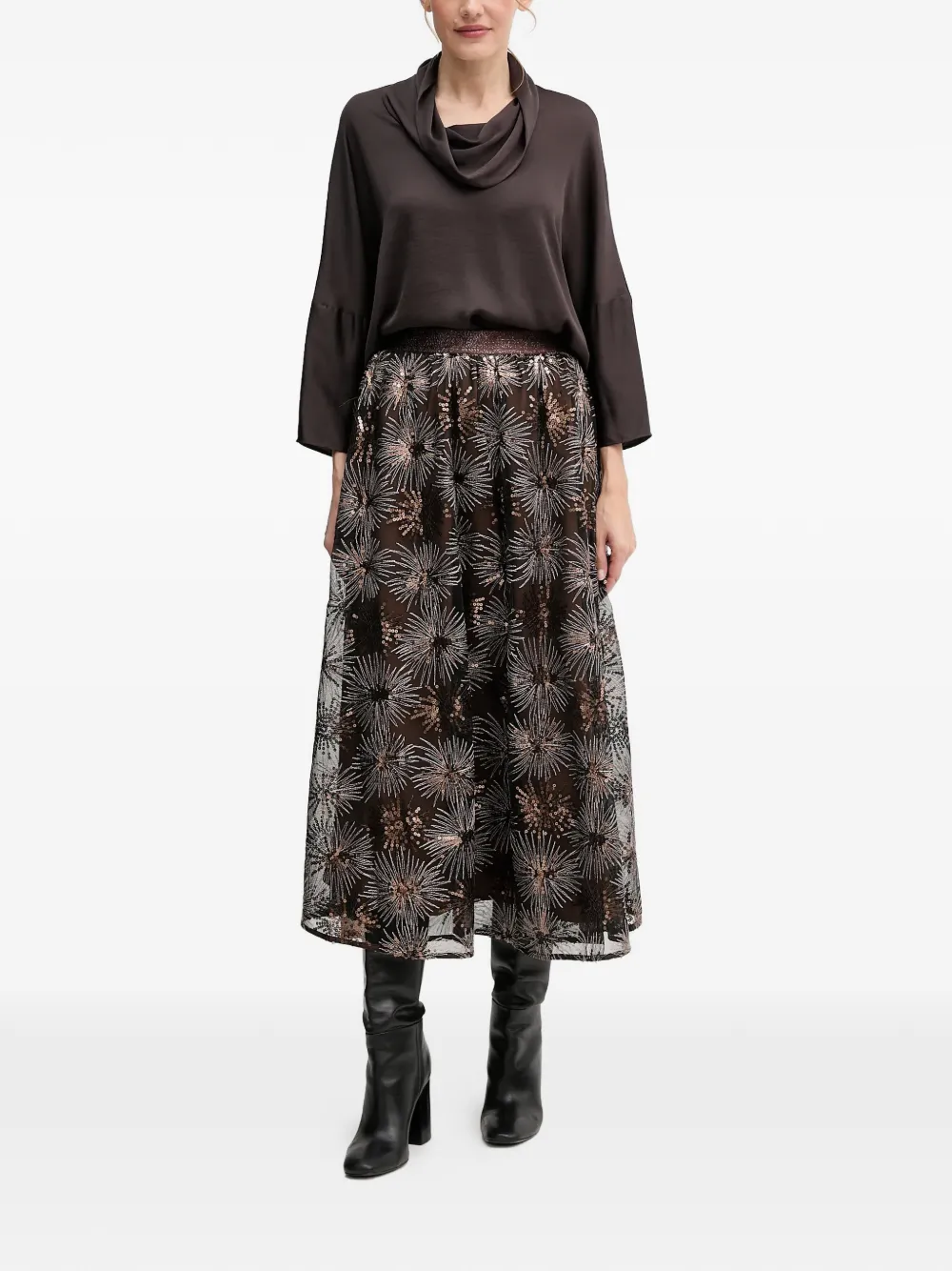 OUI Maxi-rok met pailletten en bloemen Zwart