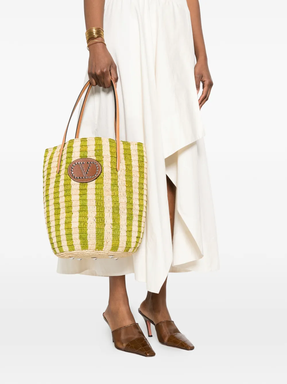 Valentino Garavani Gestreepte raffia shopper Groen