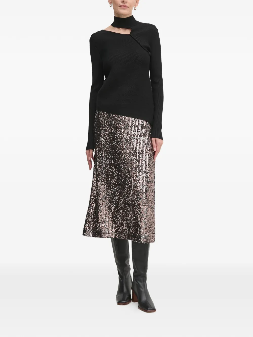  Oui Sequin Midi Skirt - Black 
