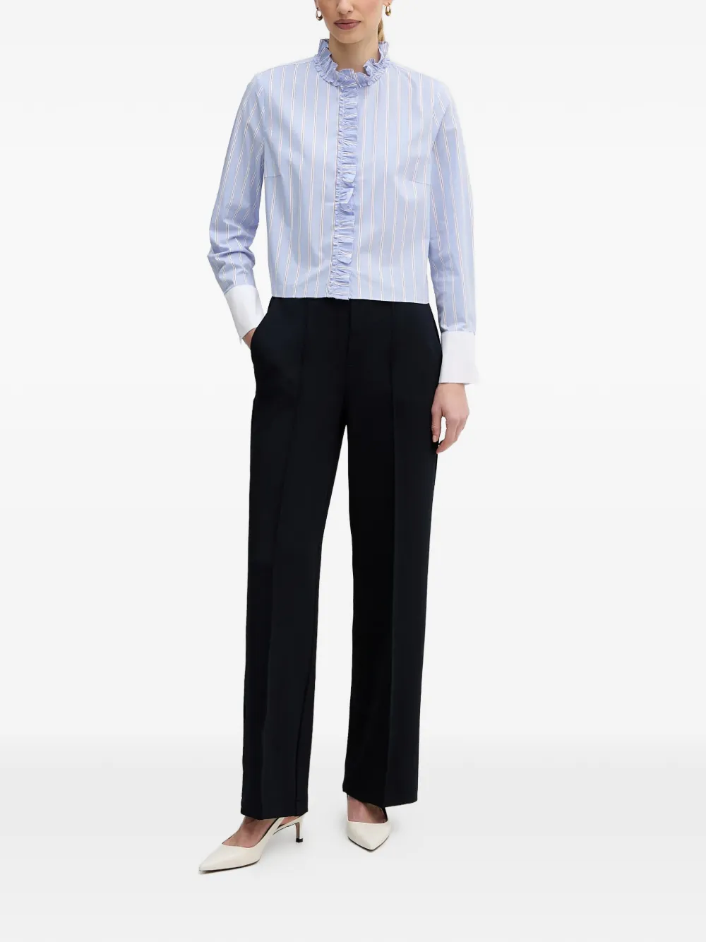  Oui Ruffled Striped Shirt - Blue 