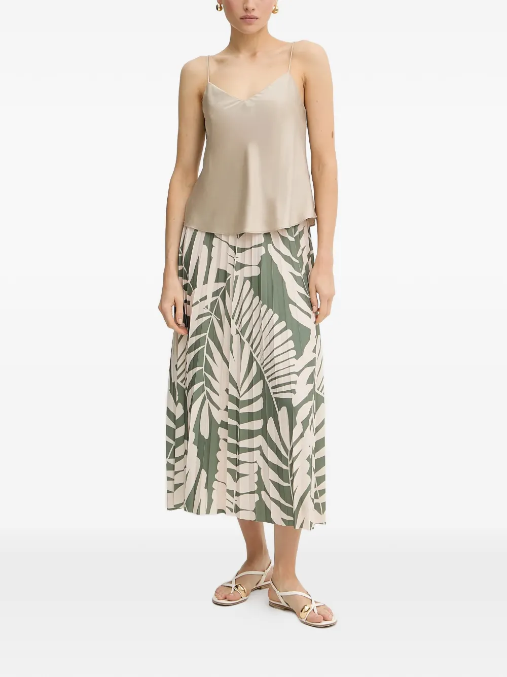  Oui Pleated Leaf-print Skirt - Green 