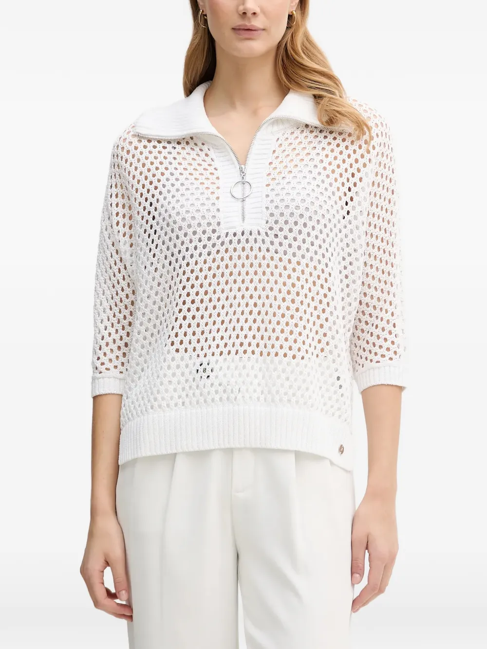 Joseph Ribkoff zip mesh polo top - Bianco
