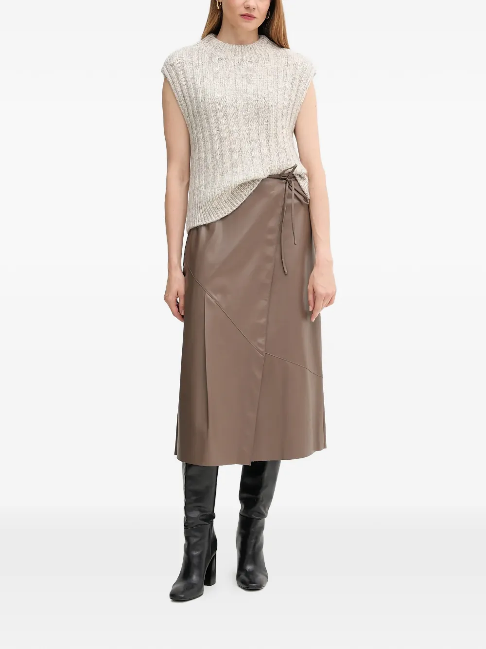  Oui Wrap Tie Midi Skirt - Brown 