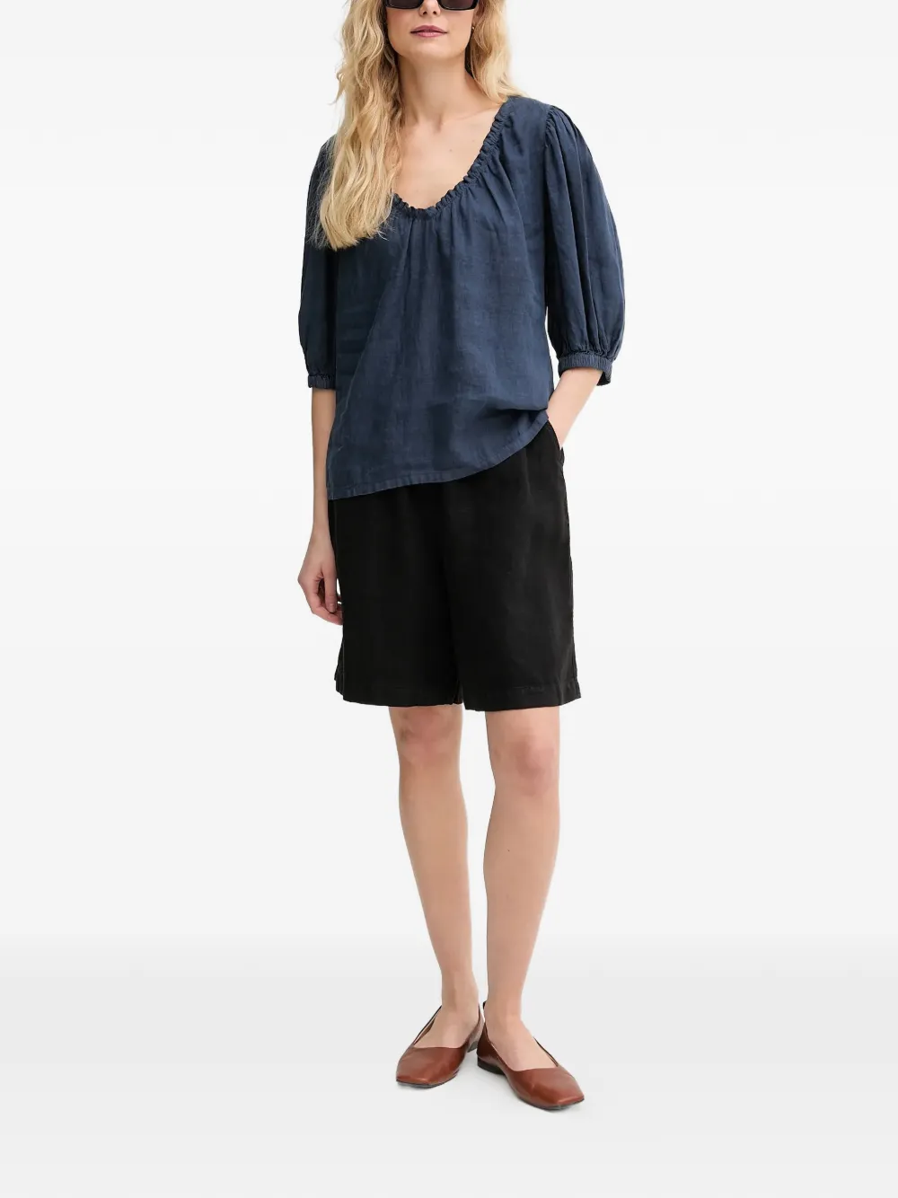  Mos Mosh Gathered V-neck Blouse - Blue 