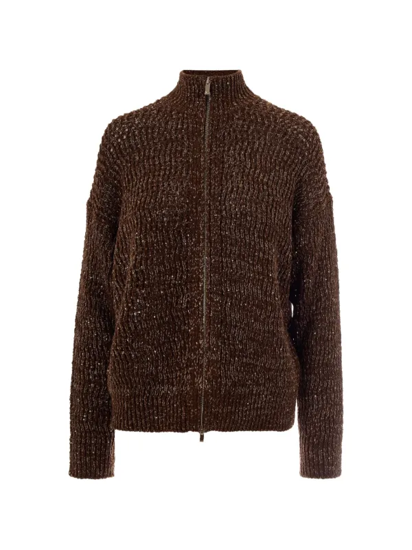 Max Mara Zip Knitted Cardigan in Brown