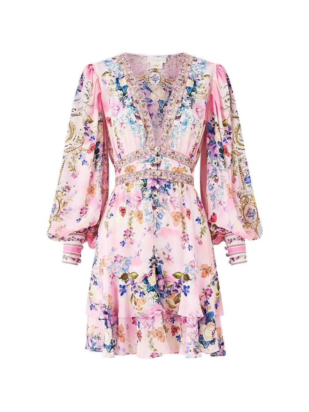 Camilla V-neck button mini dress - Rosa