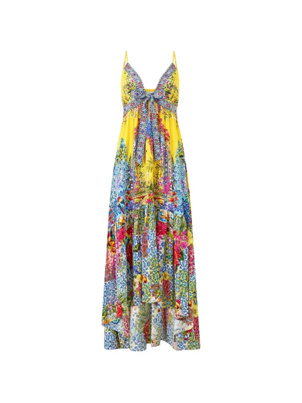 Camilla Sultanahmet Summer Tie Front Midi Dress in Yellow