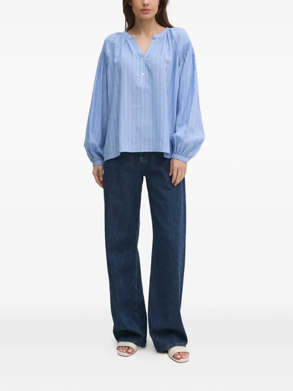  Mos Mosh Striped V-neck Blouse - Blue 