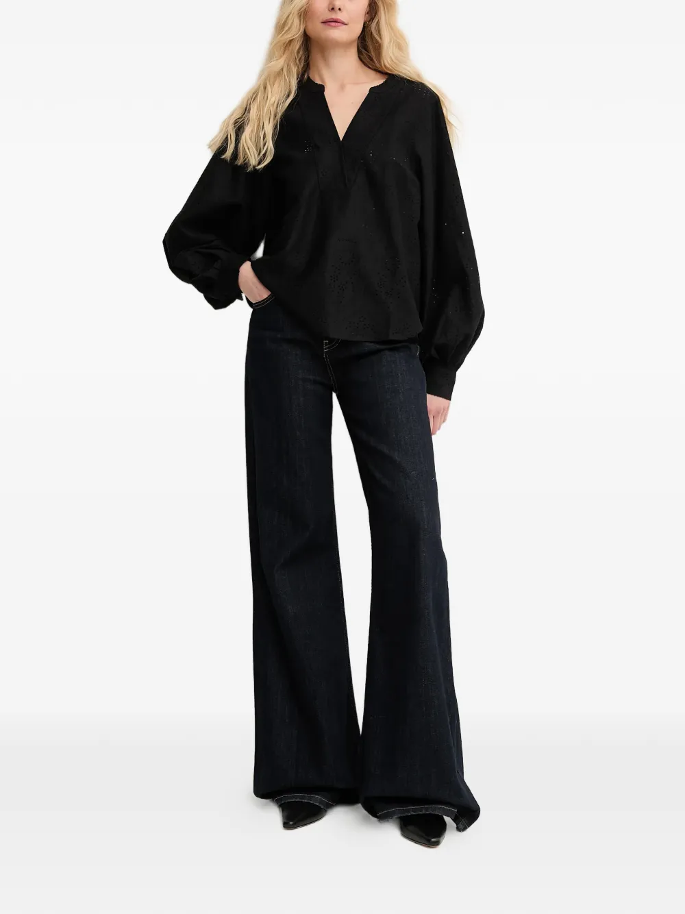 Mos Mosh Blouse met ballonmouwen en V-hals Zwart