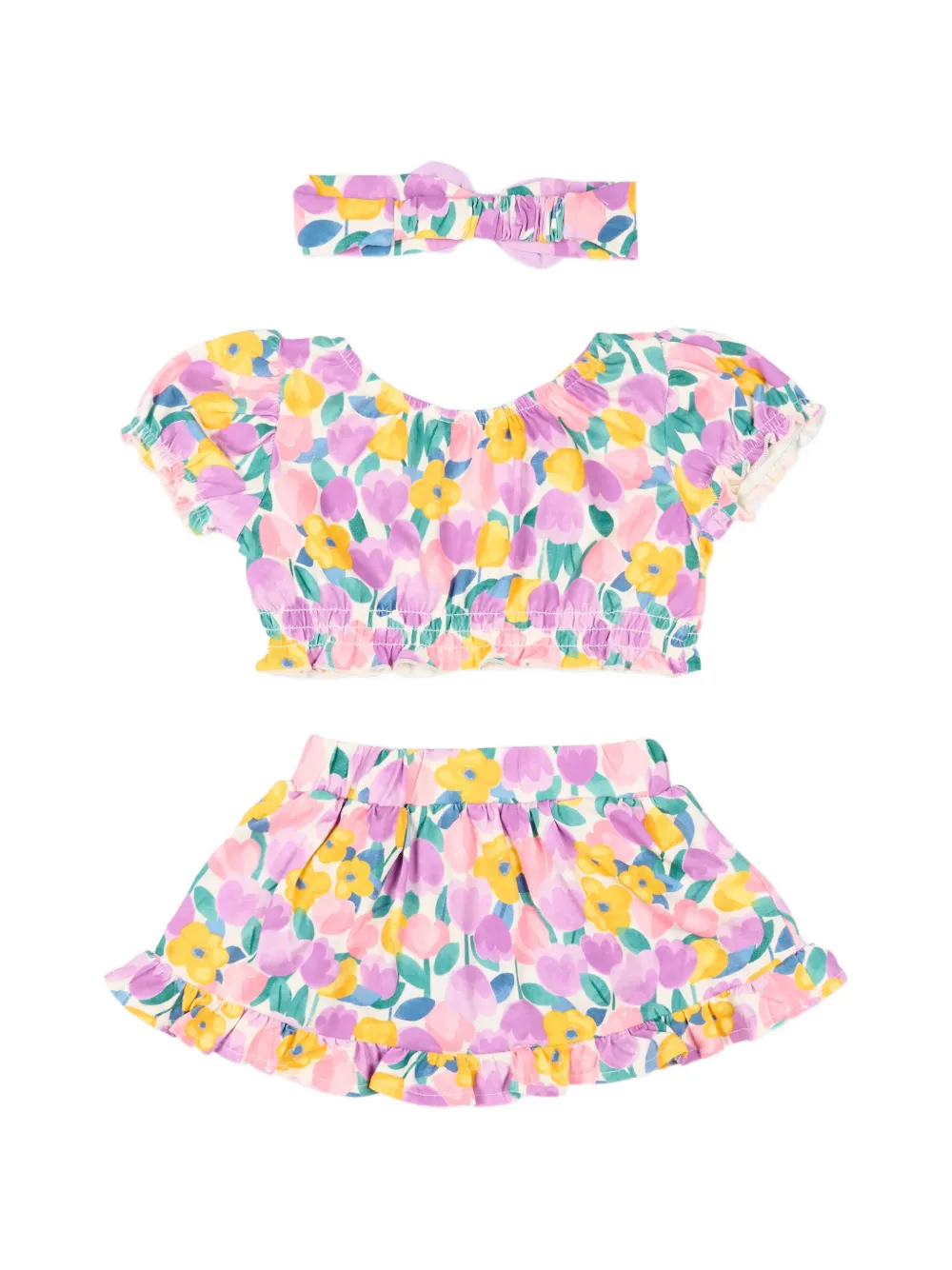  Mayoral Floral-print Ruffle Shorts Set (set Of Three) - Purple 