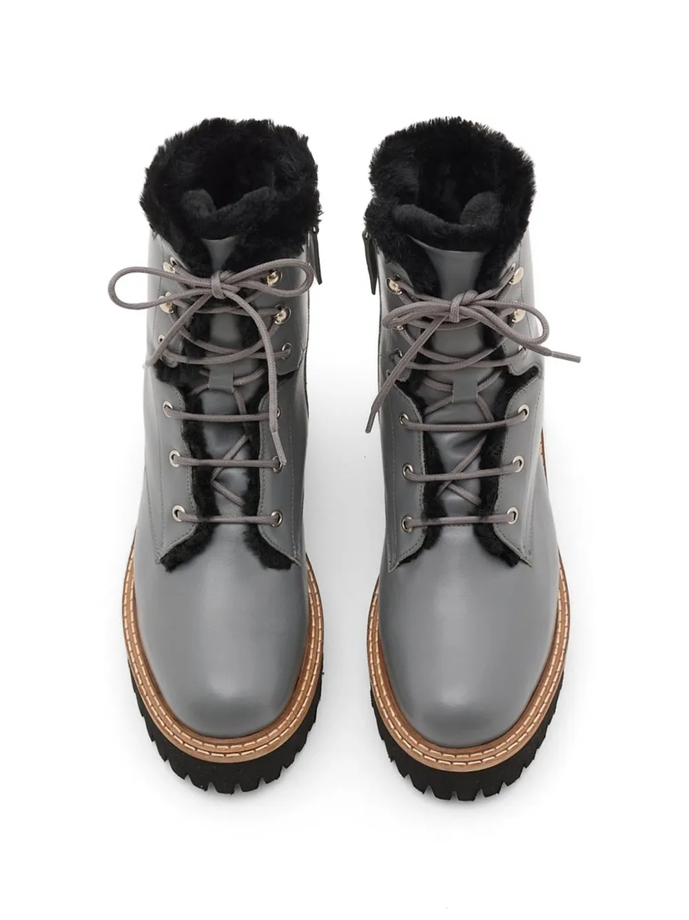 Yves Salomon Shearling-trim Lace-up Combat Boots in Grey, view 4