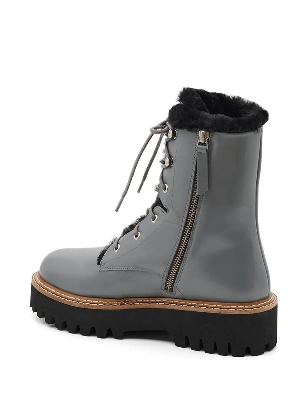 Yves Salomon Shearling-trim Lace-up Combat Boots in Grey, view 3