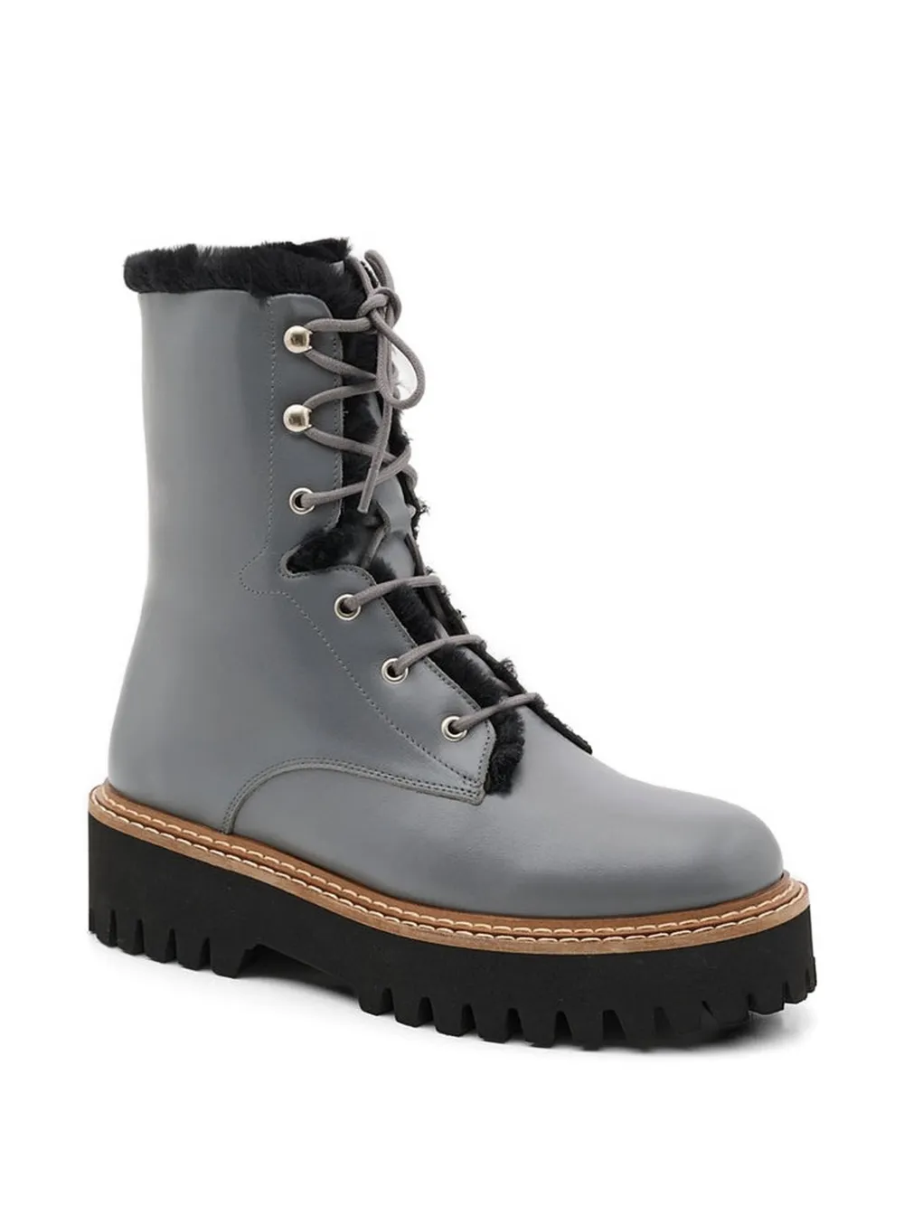 Yves Salomon Shearling-trim Lace-up Combat Boots in Grey, view 2
