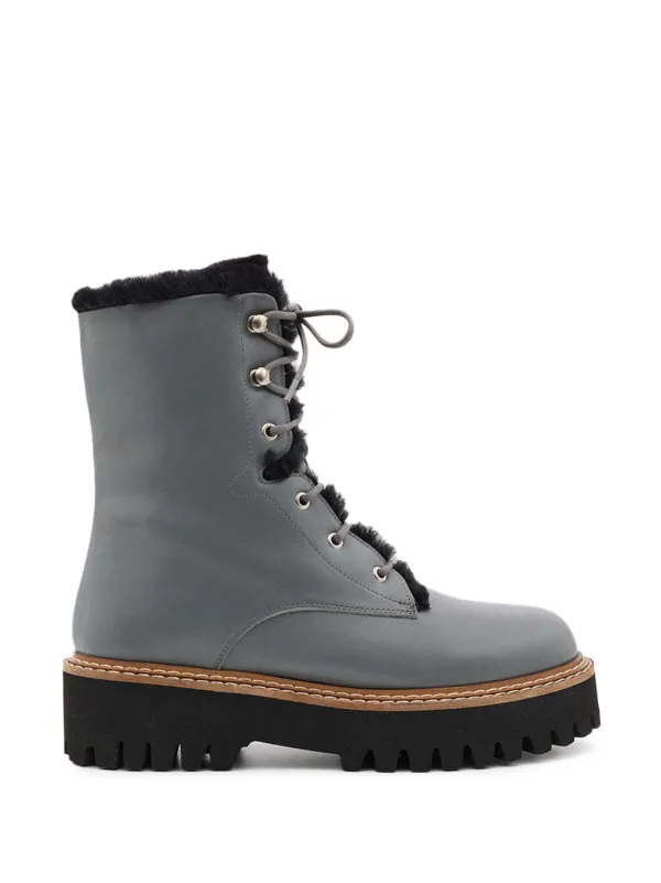 Yves Salomon Shearling-trim Lace-up Combat Boots in Grey